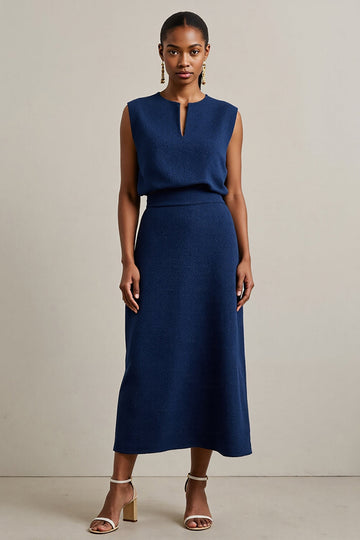 Navy Round Neck Sheath Maxi Work Dress